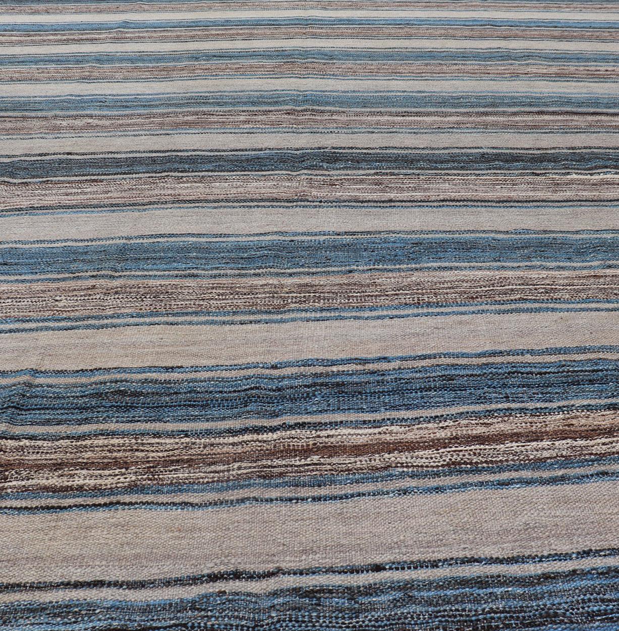 Wool Versatile Striped Design and Natural Brown, Cream, and Blue Flat-Weave Kilim For Sale