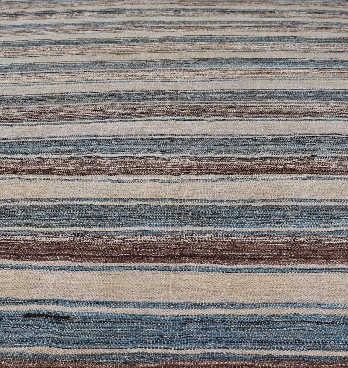 Wool Versatile Striped Design and Natural Brown, Cream, and Blue Flat-Weave Kilim For Sale