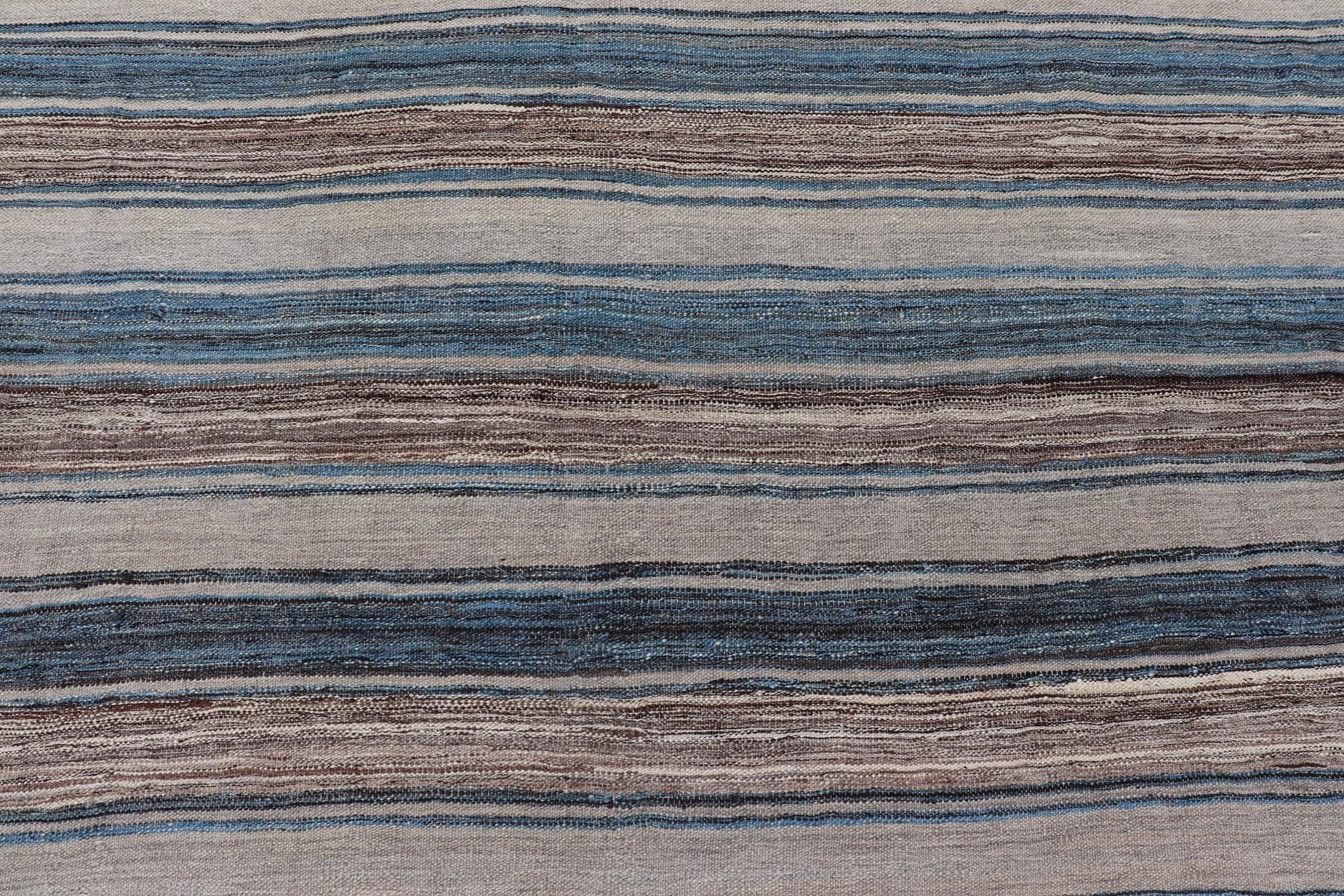 Versatile Striped Design and Natural Brown, Cream, and Blue Flat-Weave Kilim For Sale 1