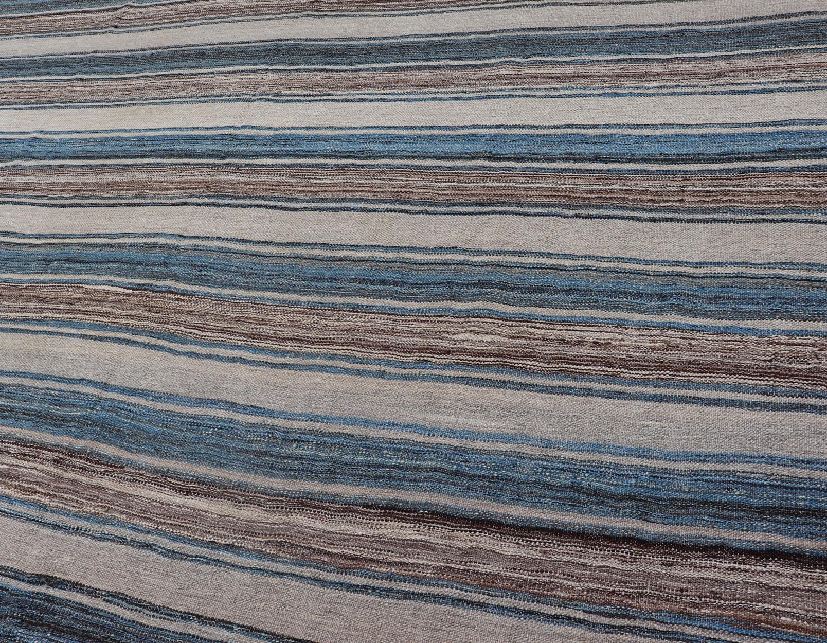 Versatile Striped Design and Natural Brown, Cream, and Blue Flat-Weave Kilim For Sale 2