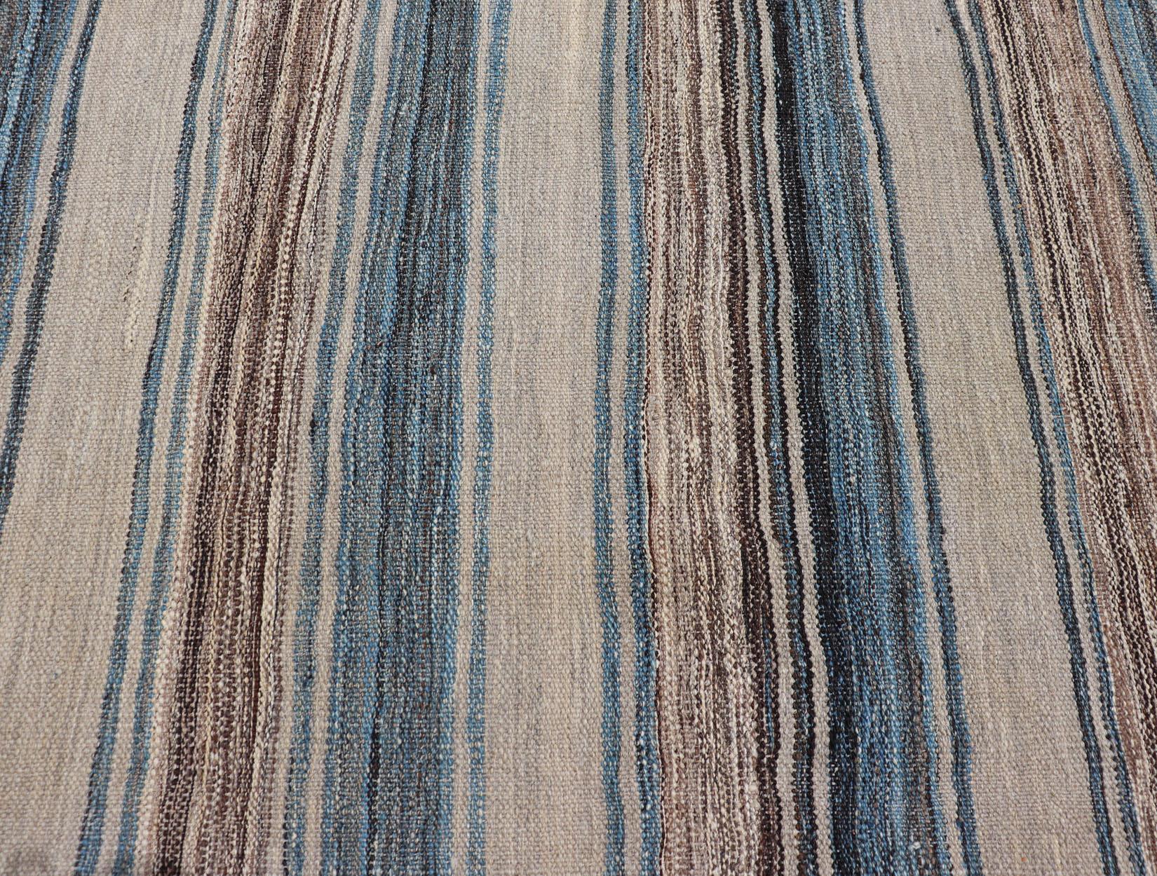 Versatile Striped Design and Natural Brown, Cream, and Blue Flat-Weave Kilim For Sale 2