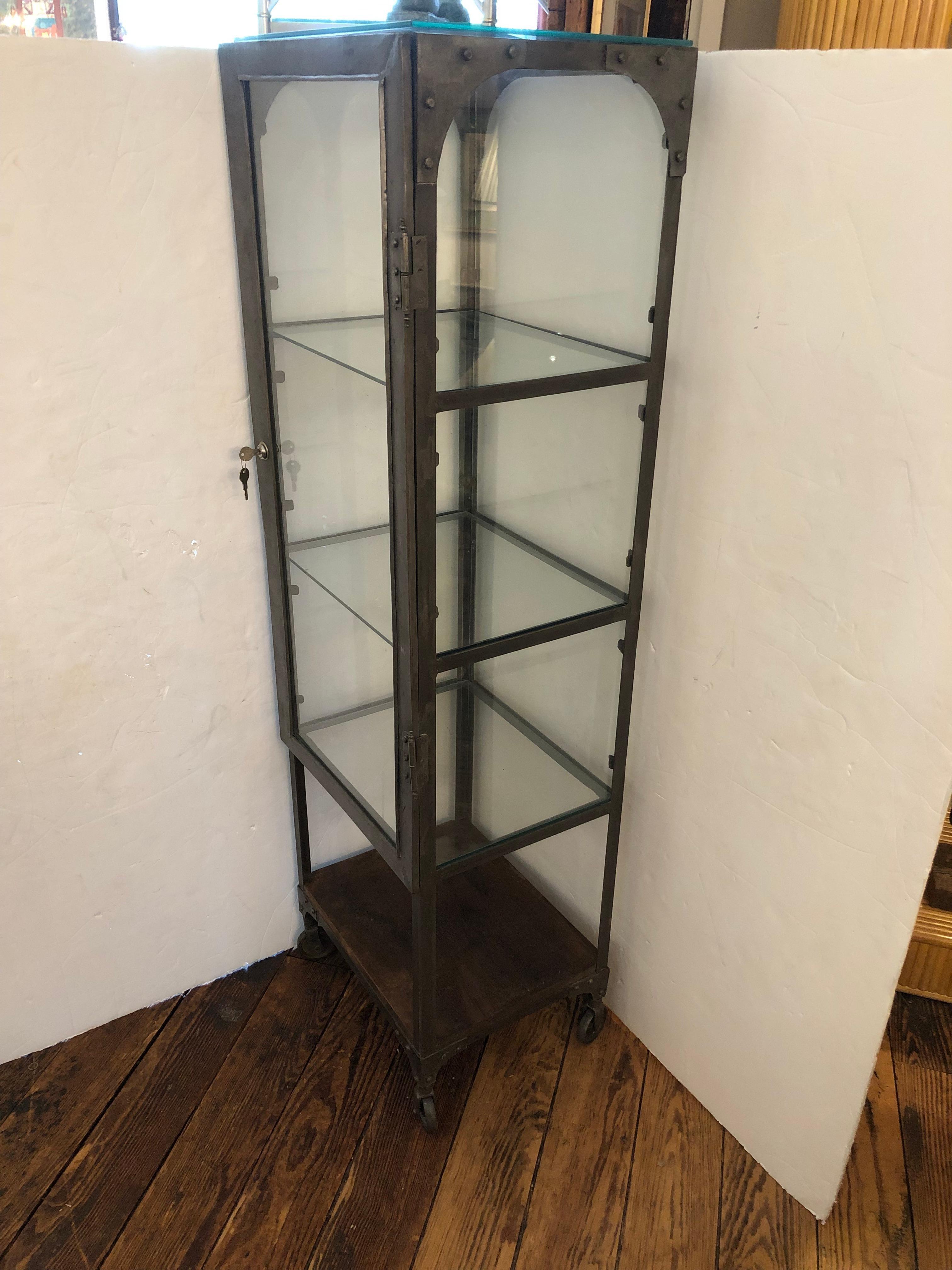 Versatile Vintage Steel and Glass Vitrine Medicine Cabinet on Wheels In Good Condition In Hopewell, NJ