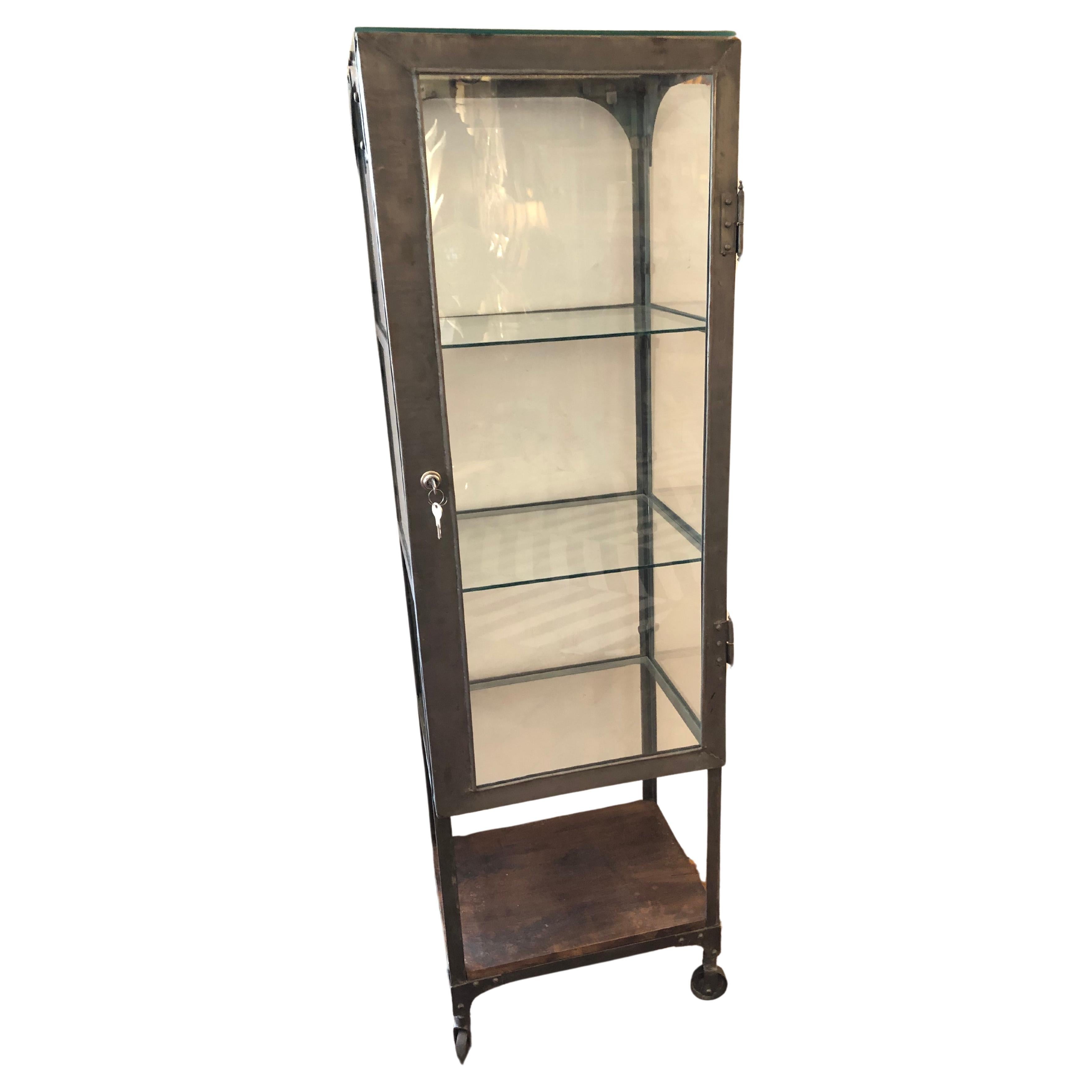 Versatile Vintage Steel and Glass Vitrine Medicine Cabinet on Wheels