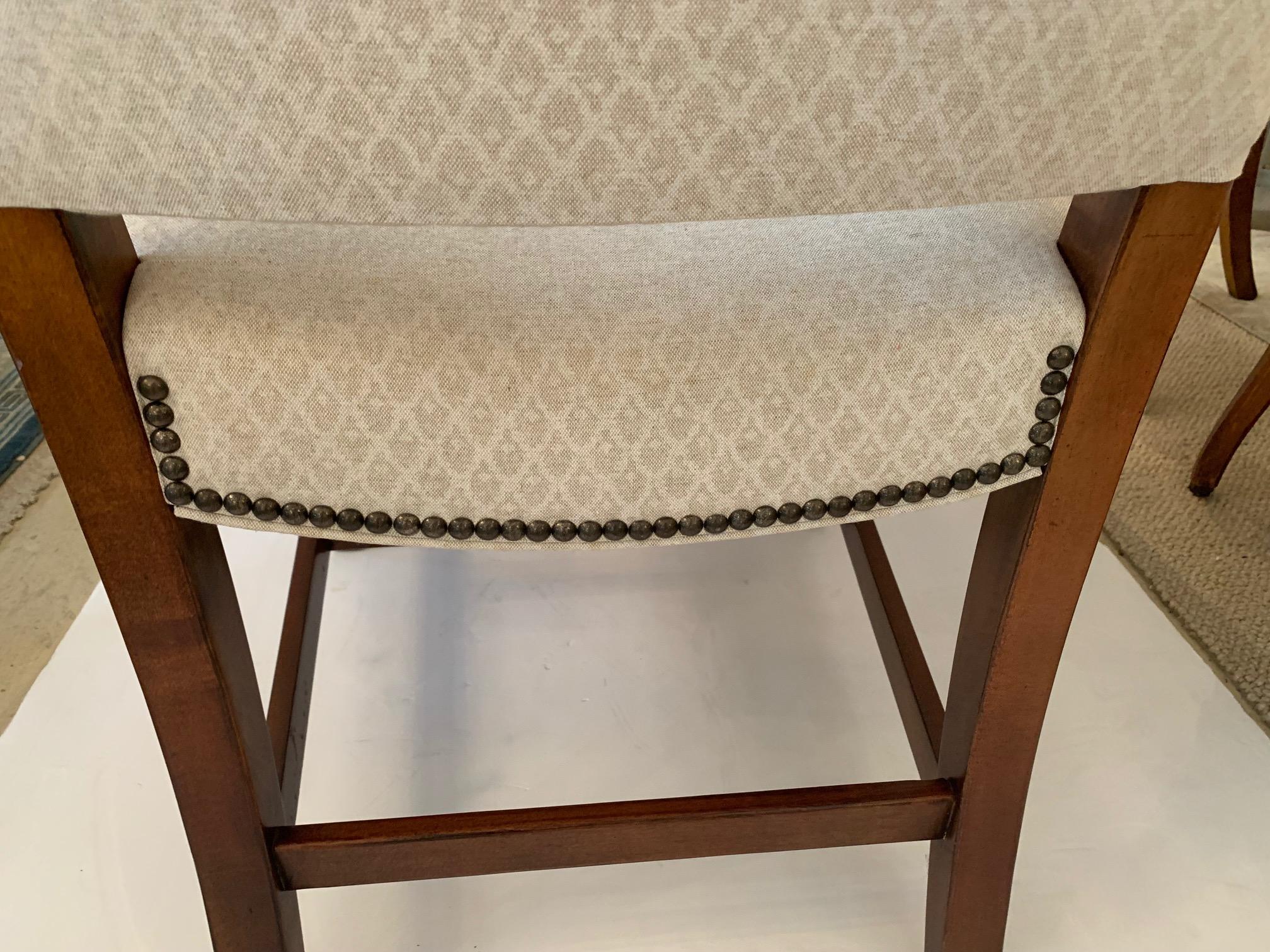 Versatile Walnut and Cream Upholstered Armchair with Nailheads For Sale 4
