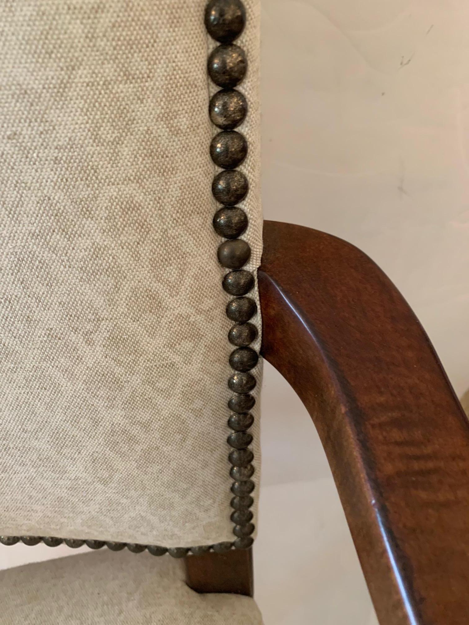North American Versatile Walnut and Cream Upholstered Armchair with Nailheads For Sale