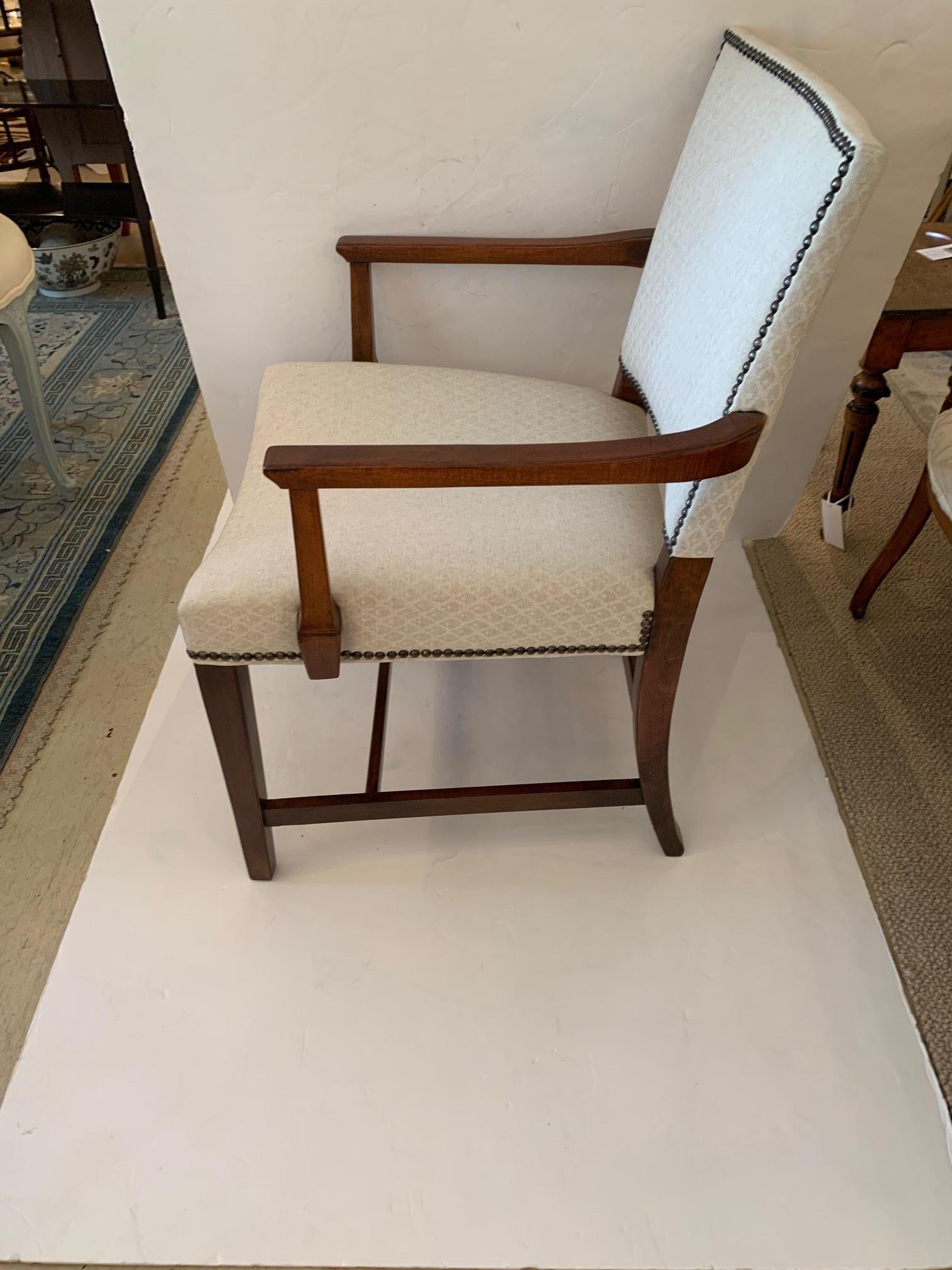 Versatile Walnut and Cream Upholstered Armchair with Nailheads For Sale 2