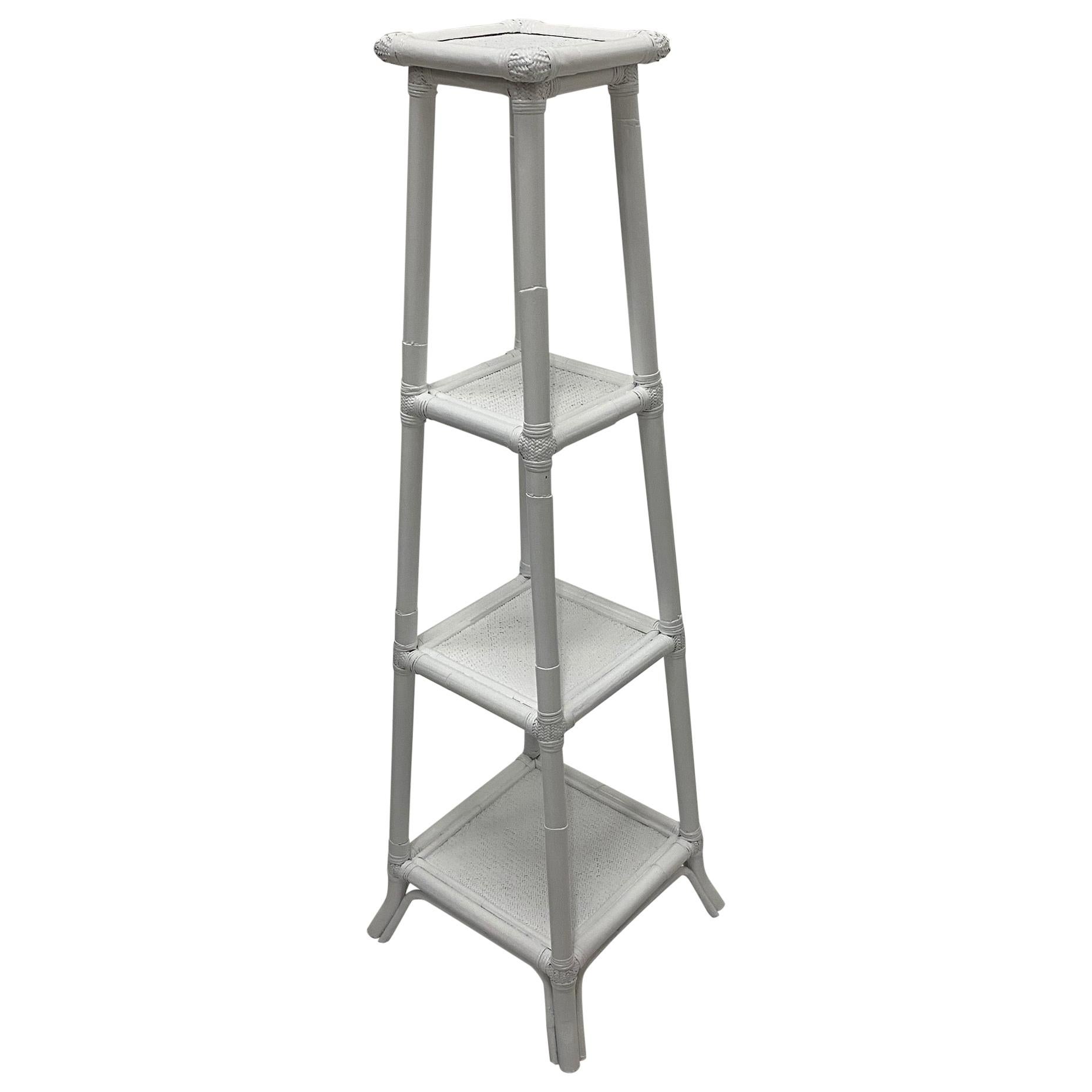 Versatile White Wicker 4 Tiered Stand or Etagere Shelves For Sale