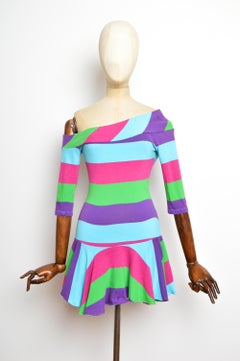 VERSUS 2000’s Versace Colourful Candy Stripe Off Shoulder Asymmetric Mini Dress