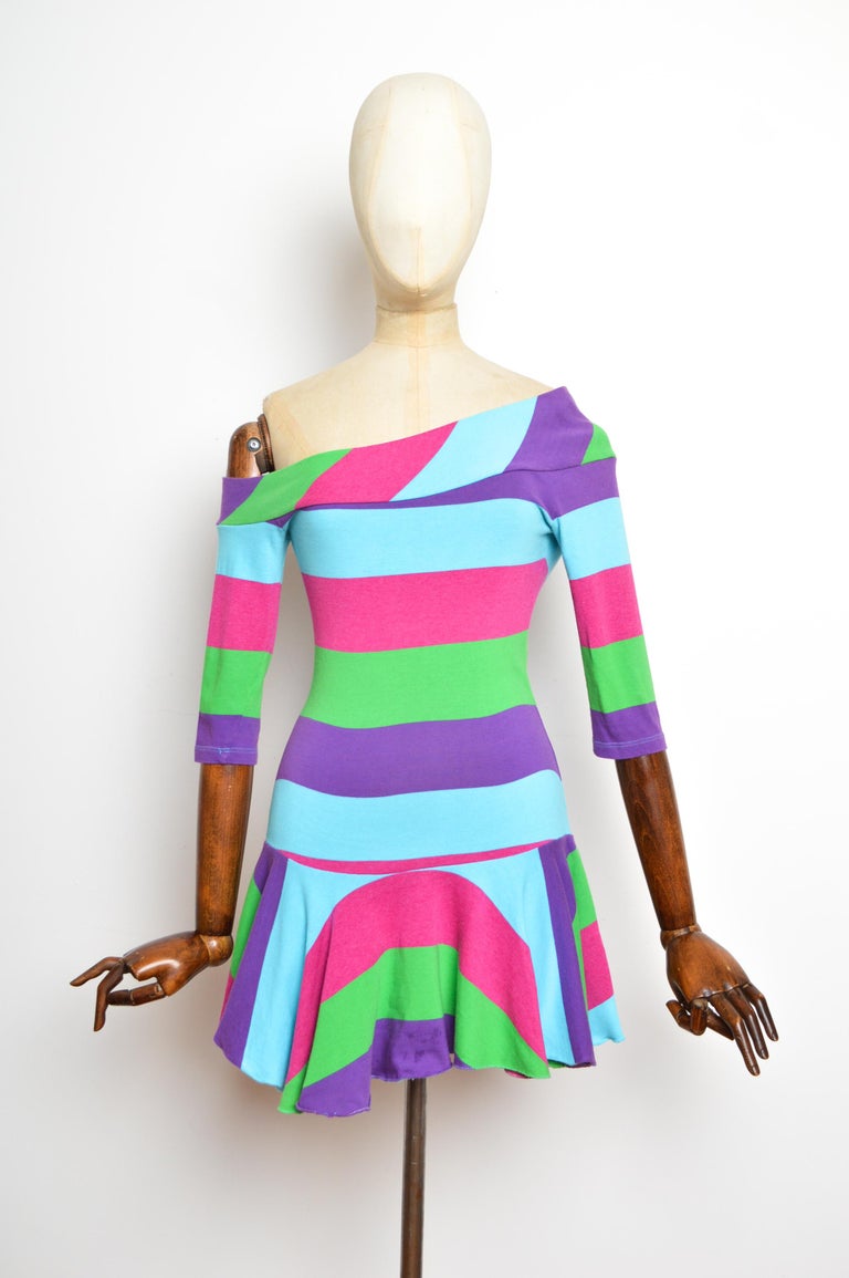 VERSUS 2000's Versace Colourful Candy Stripe Off Shoulder Asymmetric Mini Dress For Sale at 1stDibs