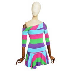 VERSUS 2000’s Versace Colourful Candy Stripe Off Shoulder Asymmetric Mini Dress