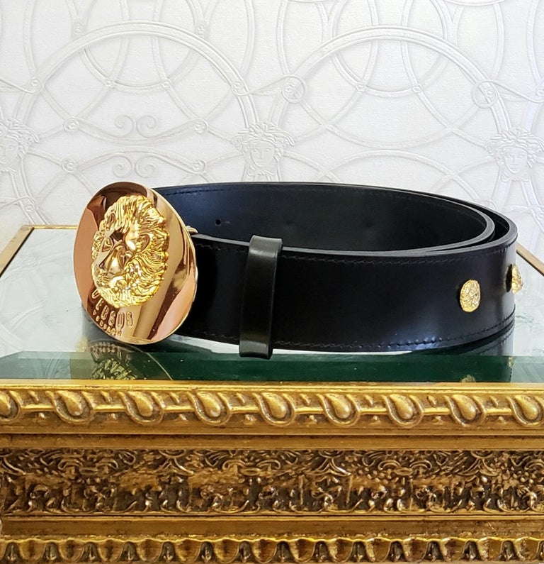 Brown VERSUS + ANTHONY VACCARELLO BLACK LEATHER BELT w/24K GOLD LION BUCKLE 110/44