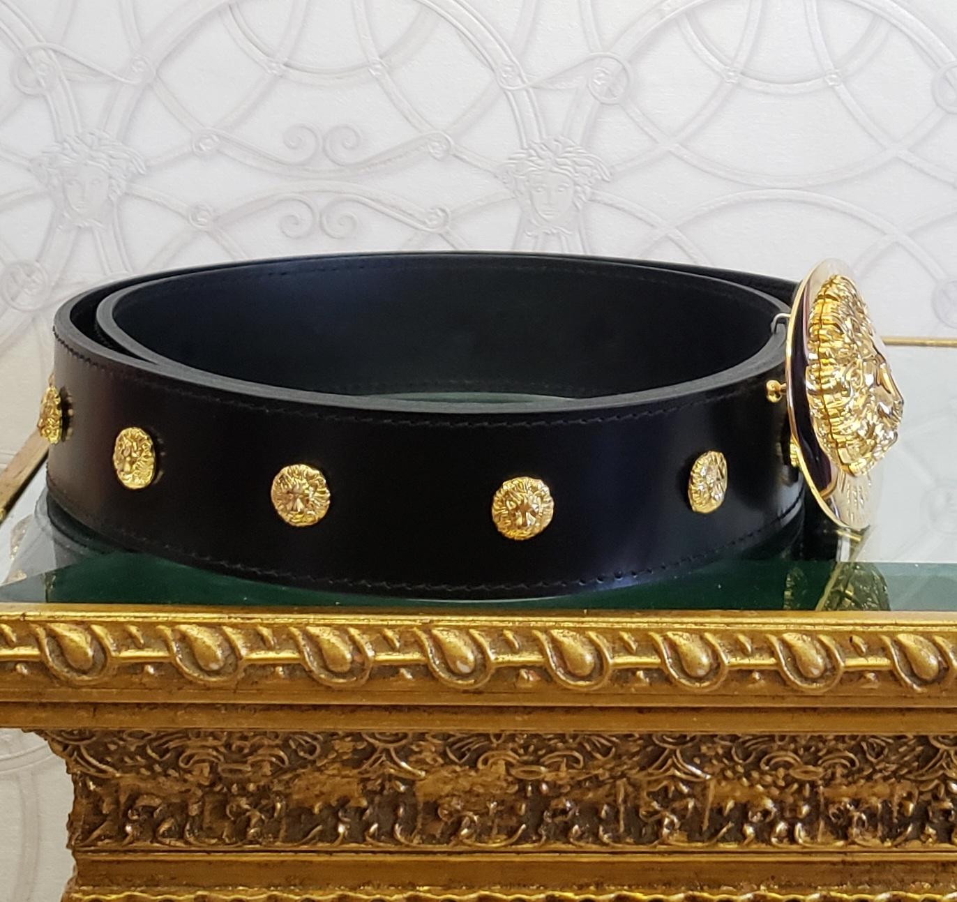 VERSUS + ANTHONY VACCARELLO BLACK LEATHER BELT w/24K GOLD LION BUCKLE 110/44 2