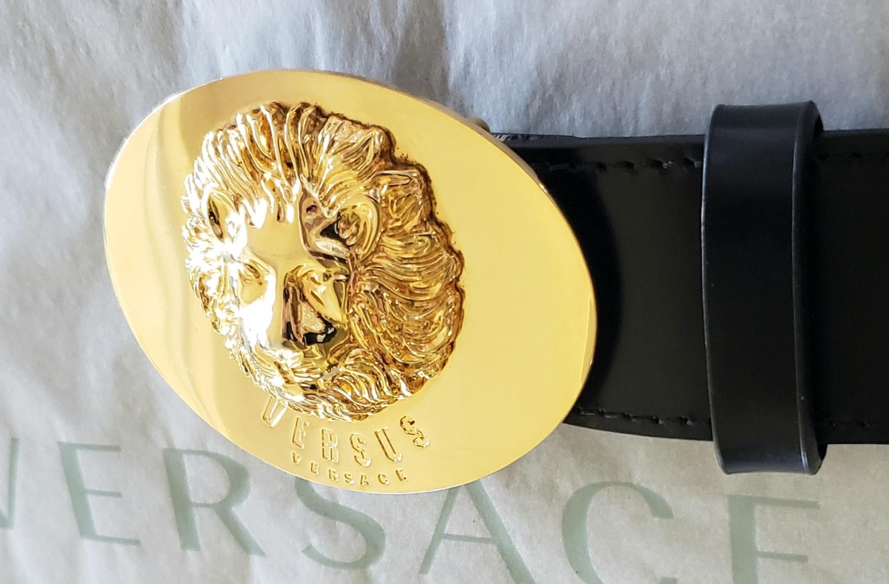 VERSUS + ANTHONY VACCARELLO BLACK LEATHER BELT w/24K GOLD LION BUCKLE 110/44 In New Condition In Montgomery, TX