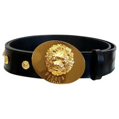 VERSUS + ANTHONY VACCARELLO BLACK LEATHER BELT w/24K GOLD LION BUCKLE 110/44