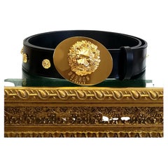 VERSUS + ANTHONY VACCARELLO BLACK LEATHER BELT w/24K GOLD LION BUCKLE 110/44