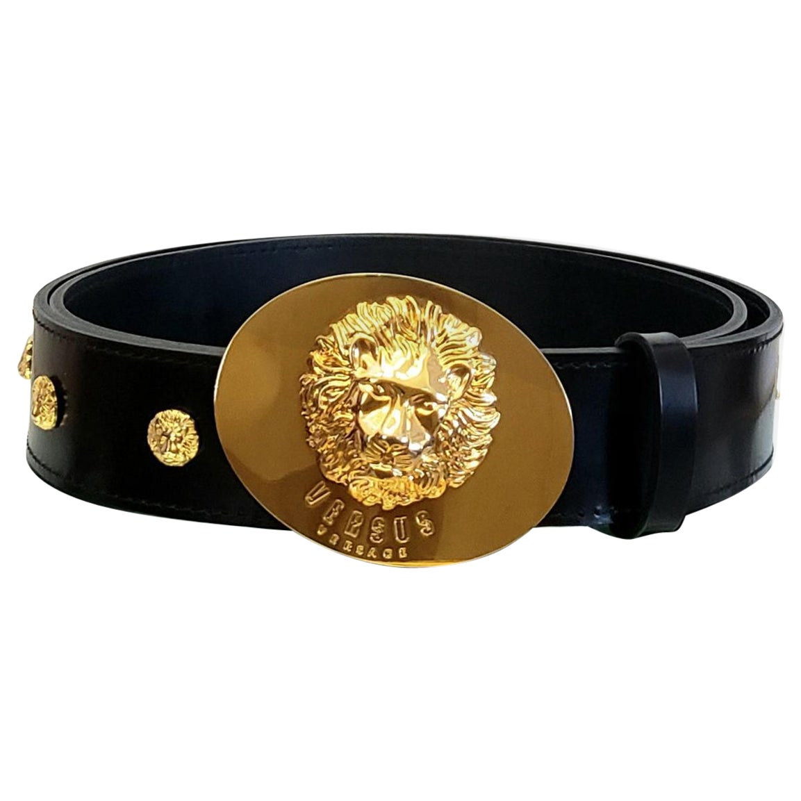 VERSUS + ANTHONY VACCARELLO BLACK LEATHER BELT w/24K GOLD LION BUCKLE 90/36