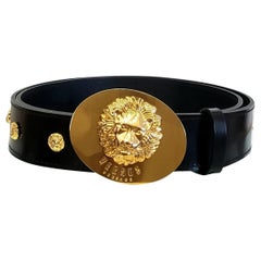 VERSUS + ANTHONY VACCARELLO BLACK LEATHER BELT w/24K GOLD LION BUCKLE 90/36