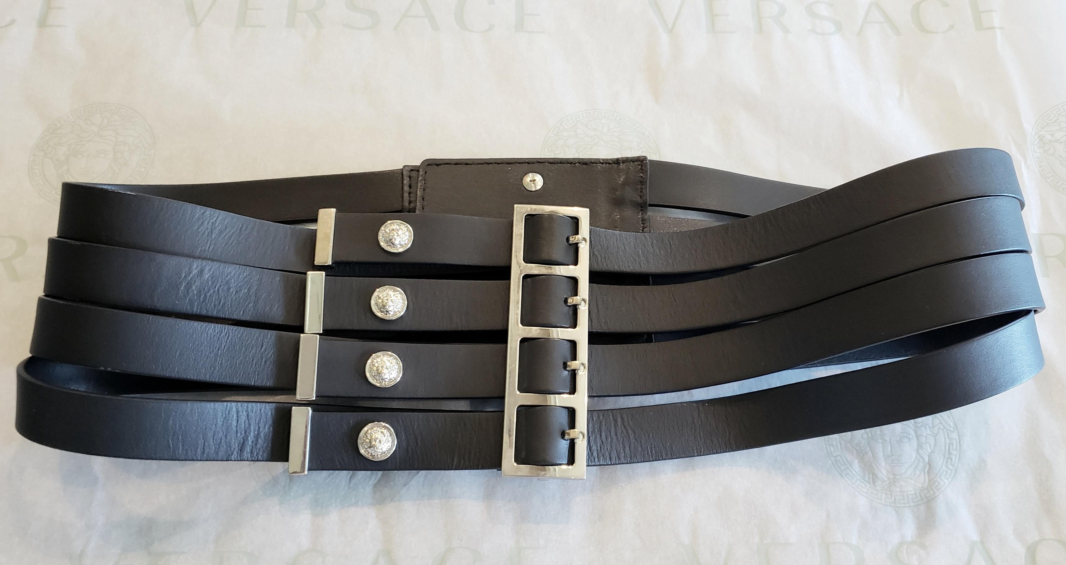 VERSUS BLACK LEATHER LION STUDDED BELT with 4 SILVER-TONE BUCKLES  In New Condition For Sale In Montgomery, TX