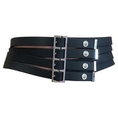 VERSUS BLACK LEATHER LION STUDDED BELT with 4 SILVER-TONE BUCKLES 
