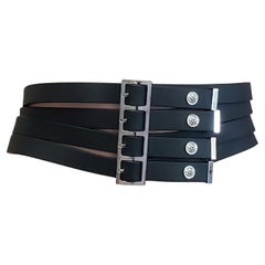 VERSUS BLACK LEATHER LION STUDDED BELT with 4 SILVER-TONE BUCKLES