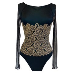 Versus bodysuit in black tulle with gold embroidery