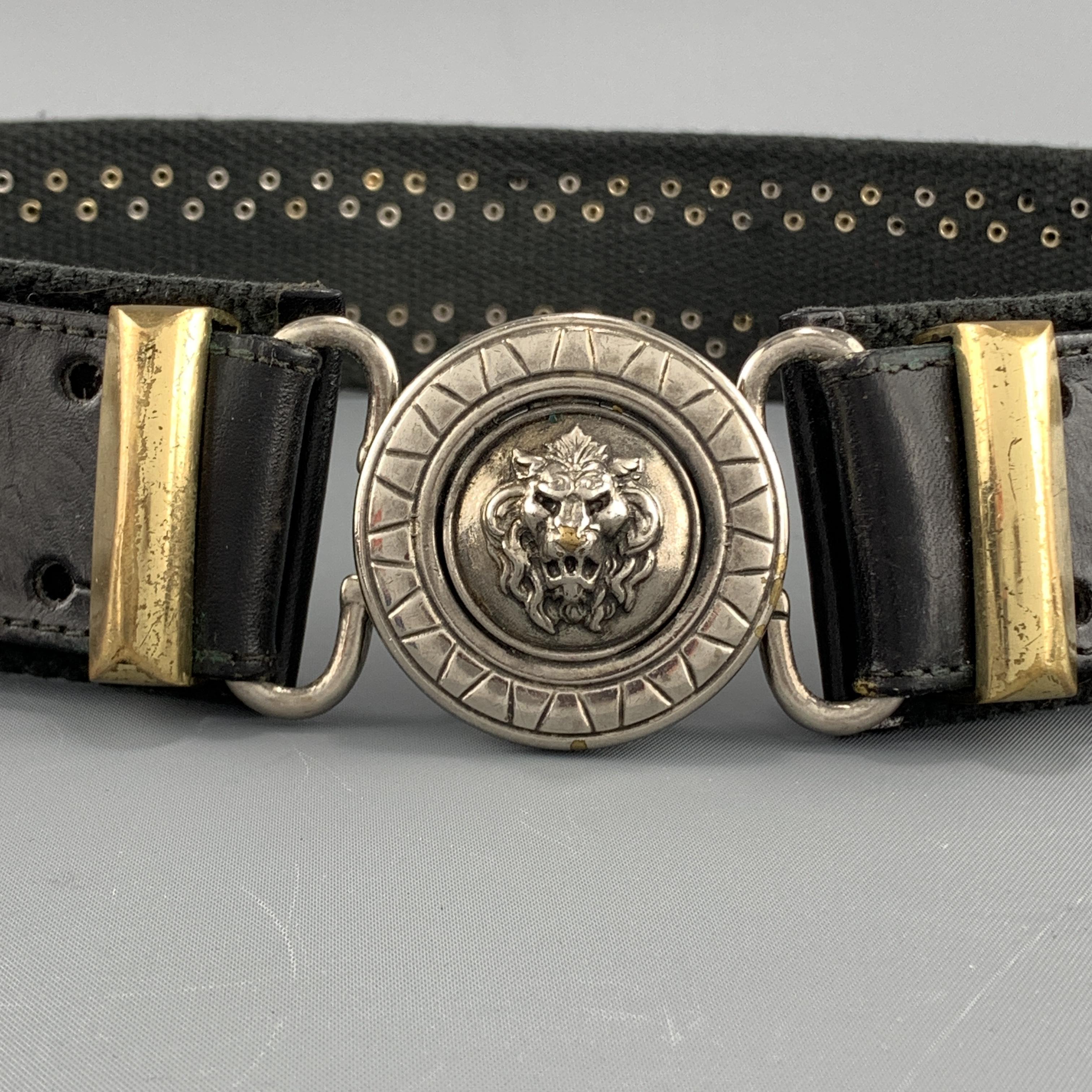 VERSUS by GIANNI VERSACE Black Studded Canvas Strap Lion Head Belt For Sale  at 1stDibs