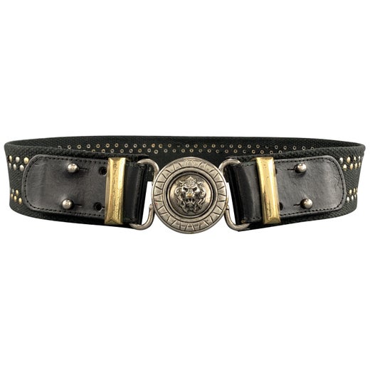 Versus By Gianni Versace Black Studded Canvas Strap Lion Head Belt