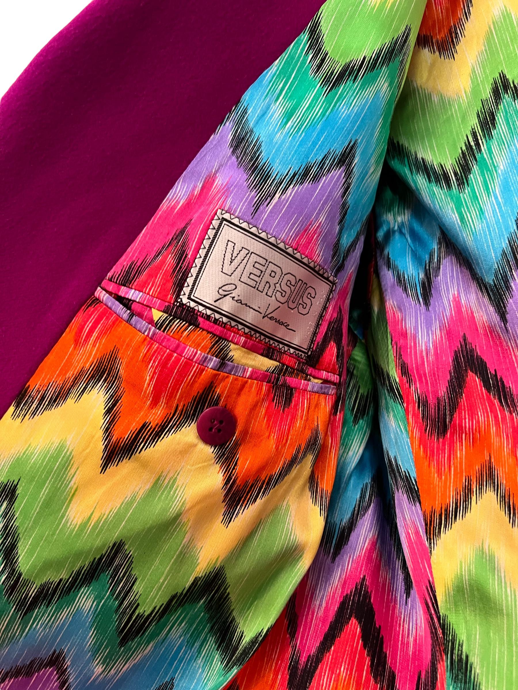 Versus by Gianni Versace Magenta Pink Rainbow Lined Cashmere Blazer Suit Jacket For Sale 9