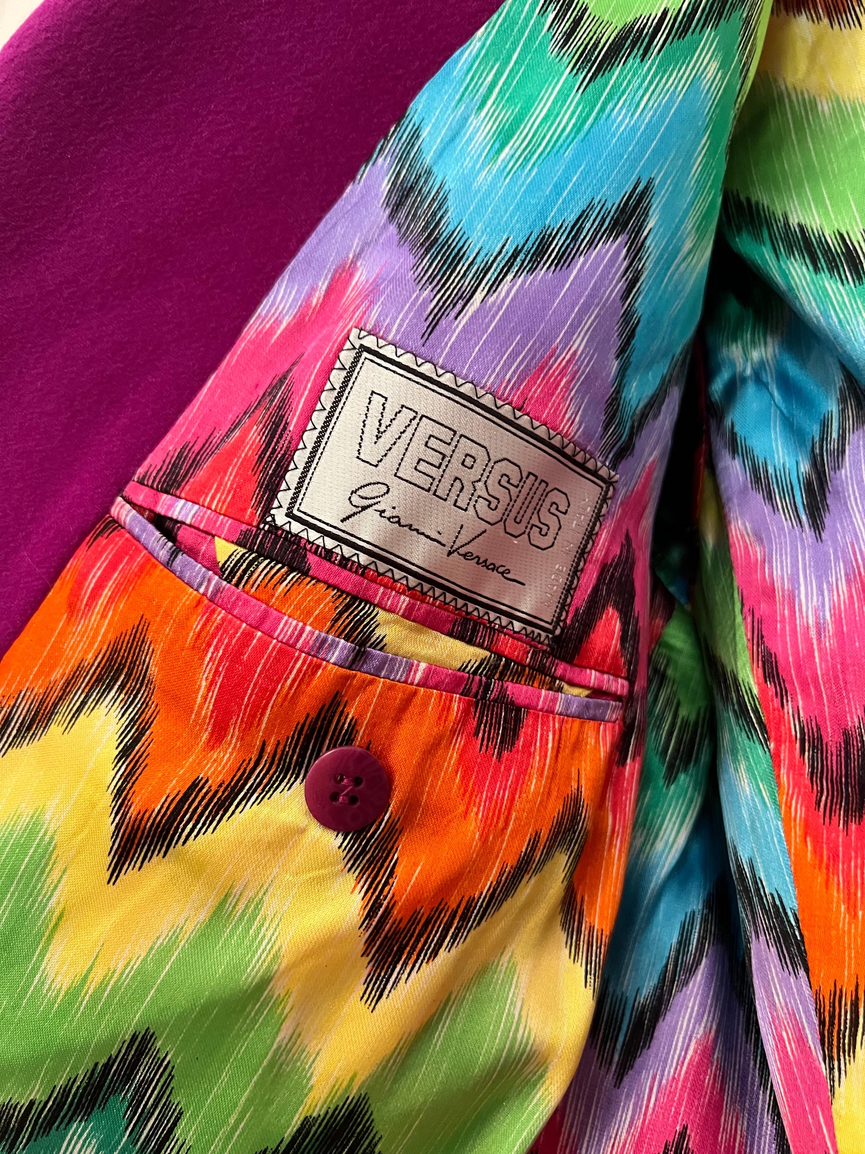 Versus by Gianni Versace Magenta Pink Rainbow Lined Cashmere Blazer Suit Jacket For Sale 4