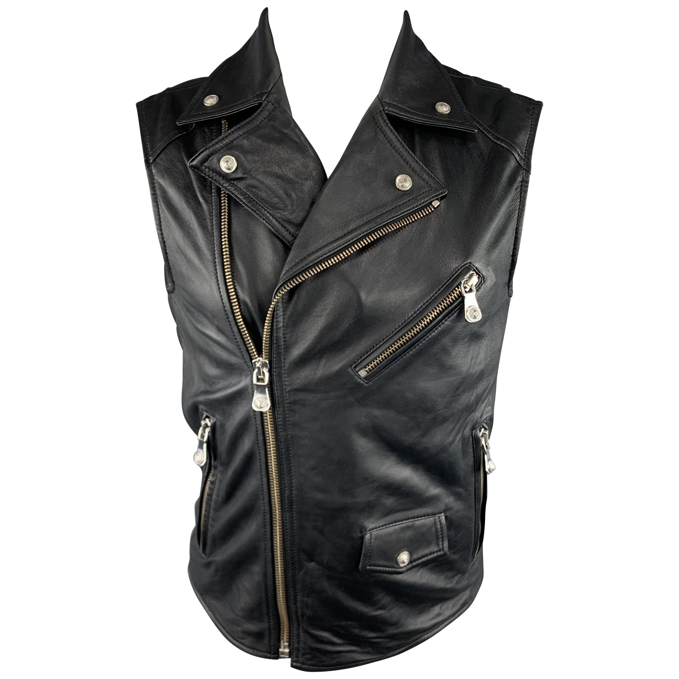 VERSUS by GIANNI VERSACE Size 36 Black Leather Lion Head Biker Vest