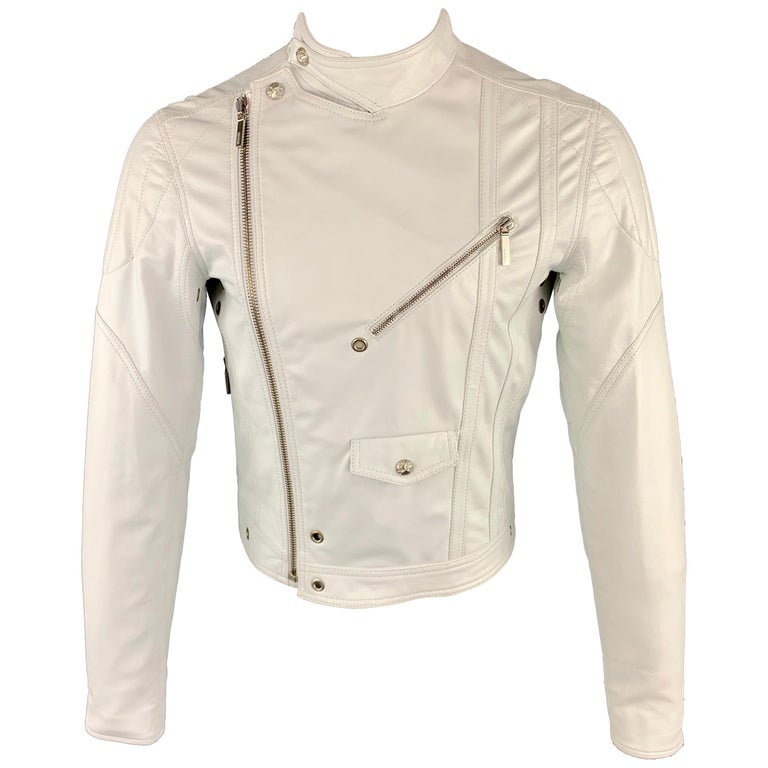 VERSUS by GIANNI VERSACE Size 36 White Leather Snaps Zips Biker Jacket ...