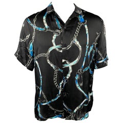 VERSUS by GIANNI VERSACE Size S Black & Blue Print Silk Short Sleeve Shirt