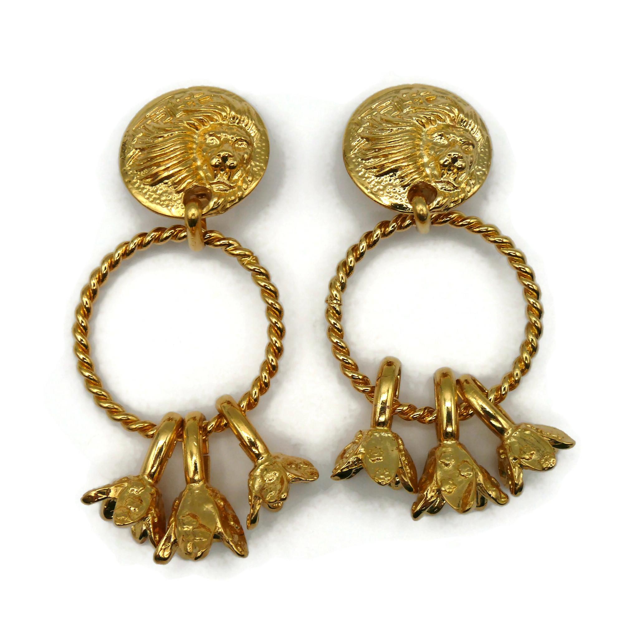 Women's VERSUS by GIANNI VERSACE Vintage Gold Tone Lion Head Dangling Earrings For Sale