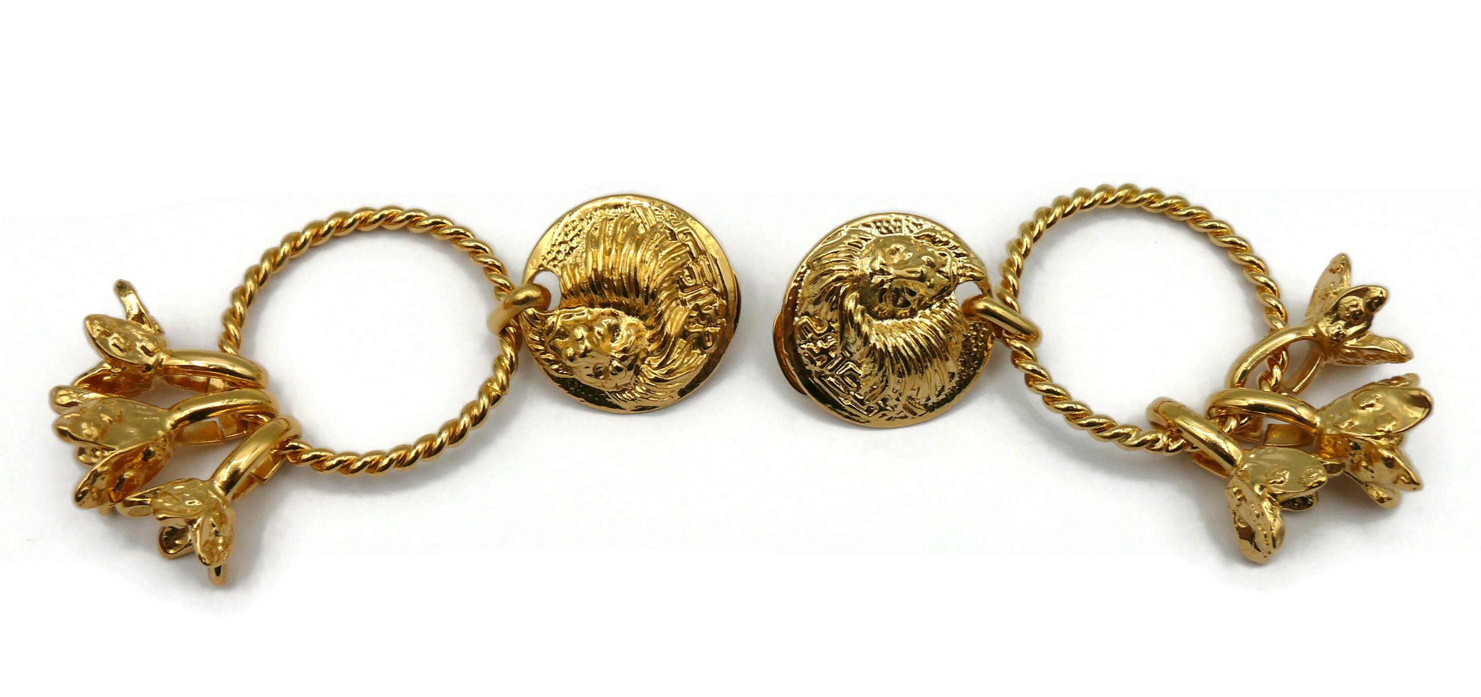VERSUS by GIANNI VERSACE Vintage Gold Tone Lion Head Dangling Earrings For Sale 2