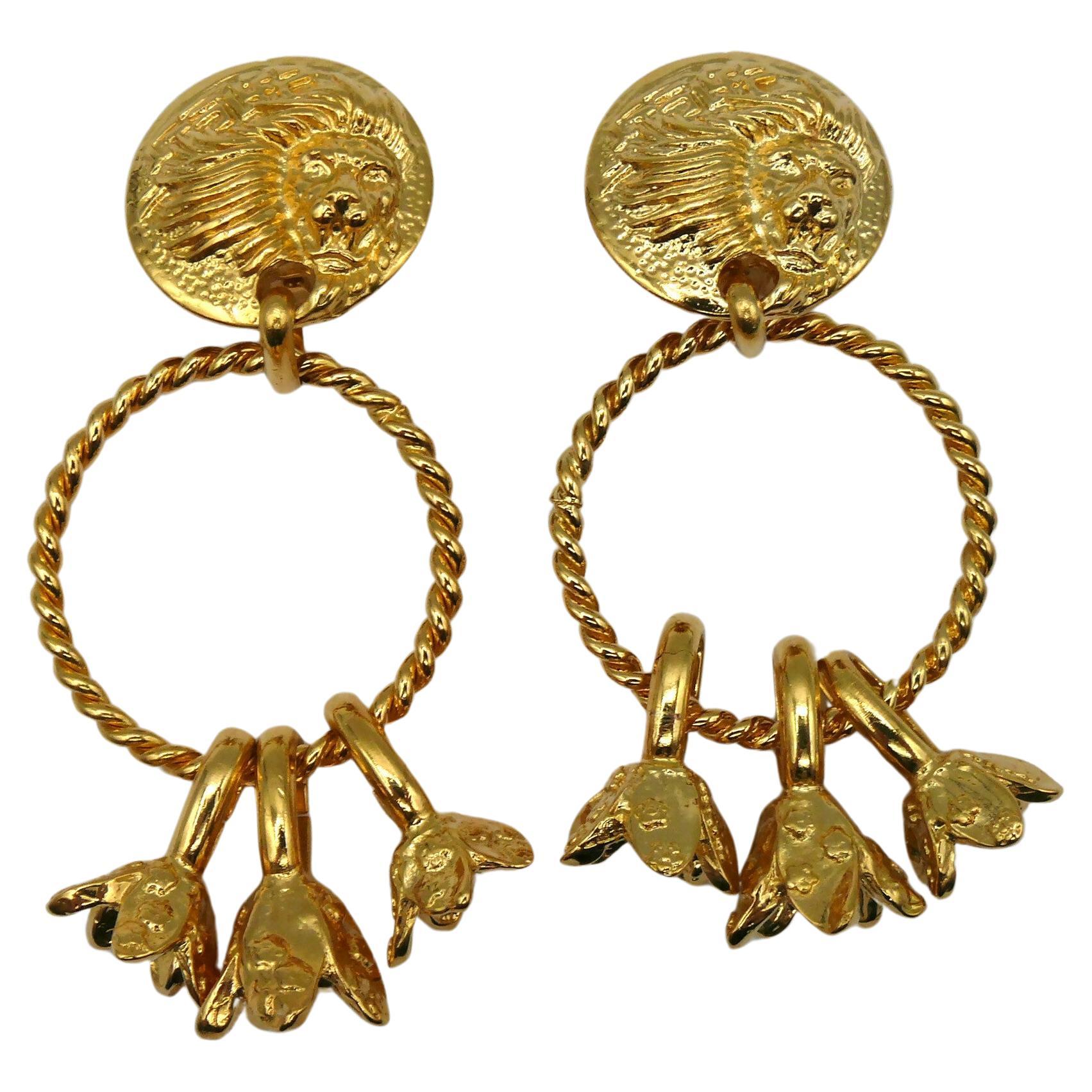 VERSUS by GIANNI VERSACE Vintage Gold Tone Lion Head Dangling Earrings For Sale