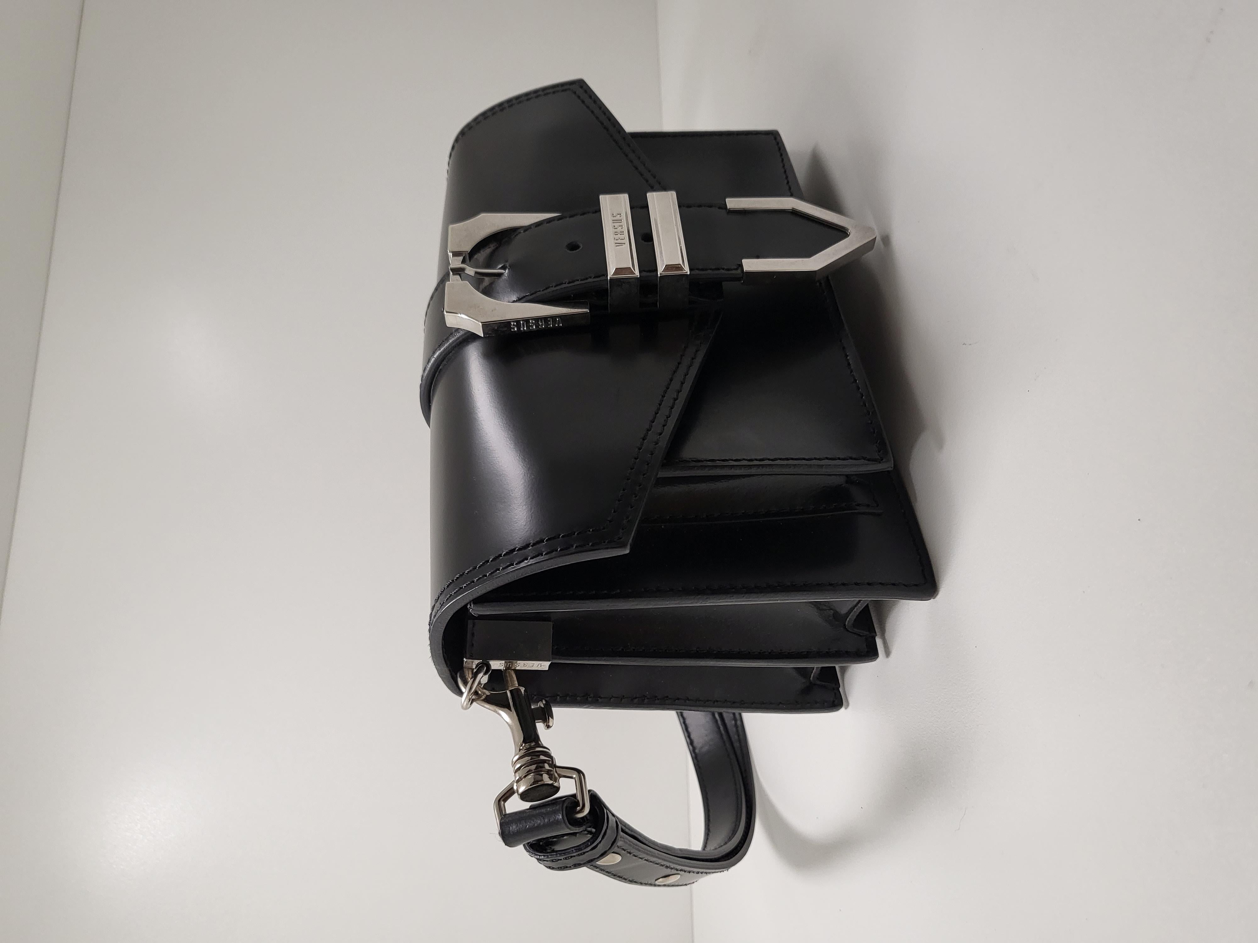 Versus by Versace Large Silver Buckled Closure Black Leather Sling Shoulder Bag 4