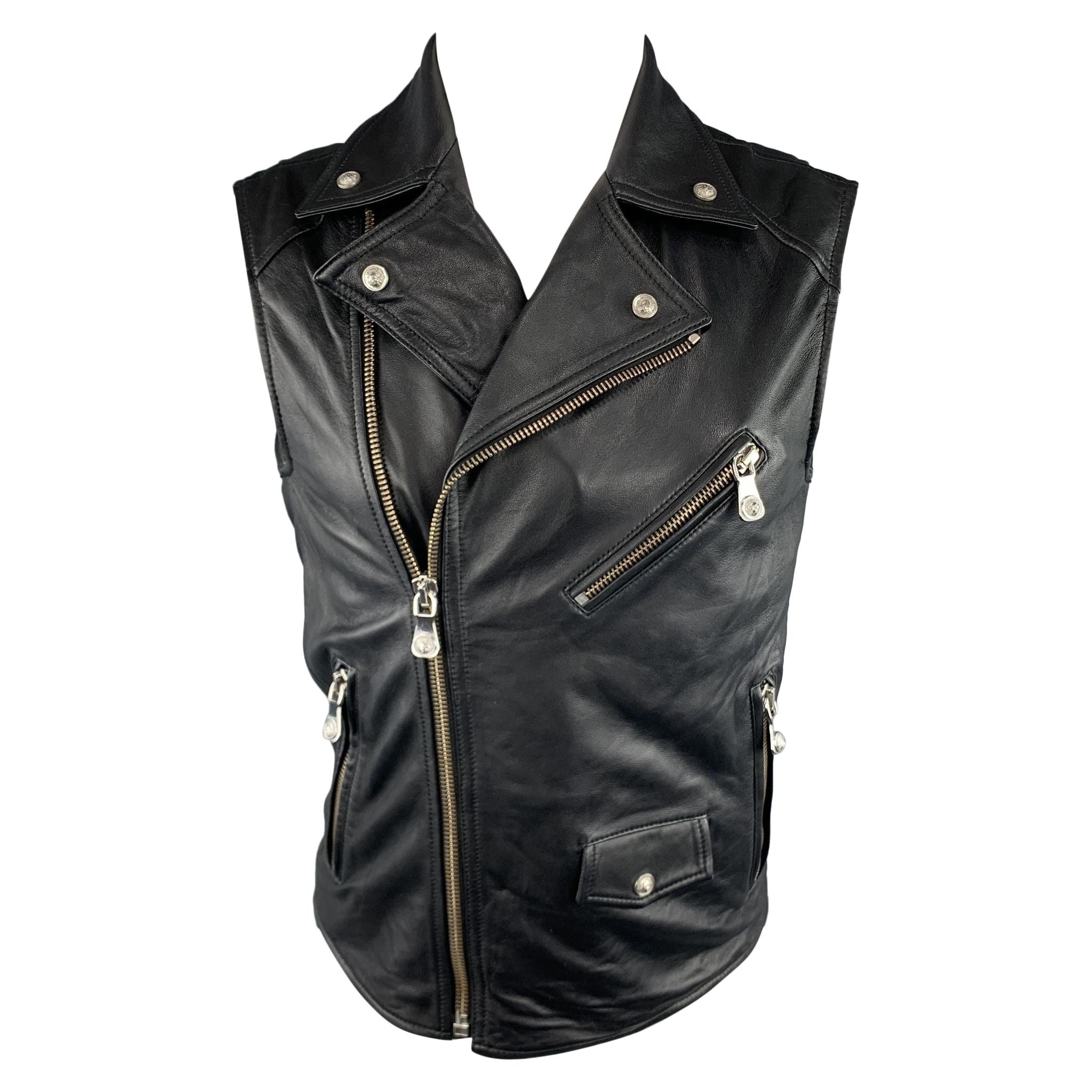 VERSUS by VERSACE Size XS Black Leather Lion Head Biker Vest