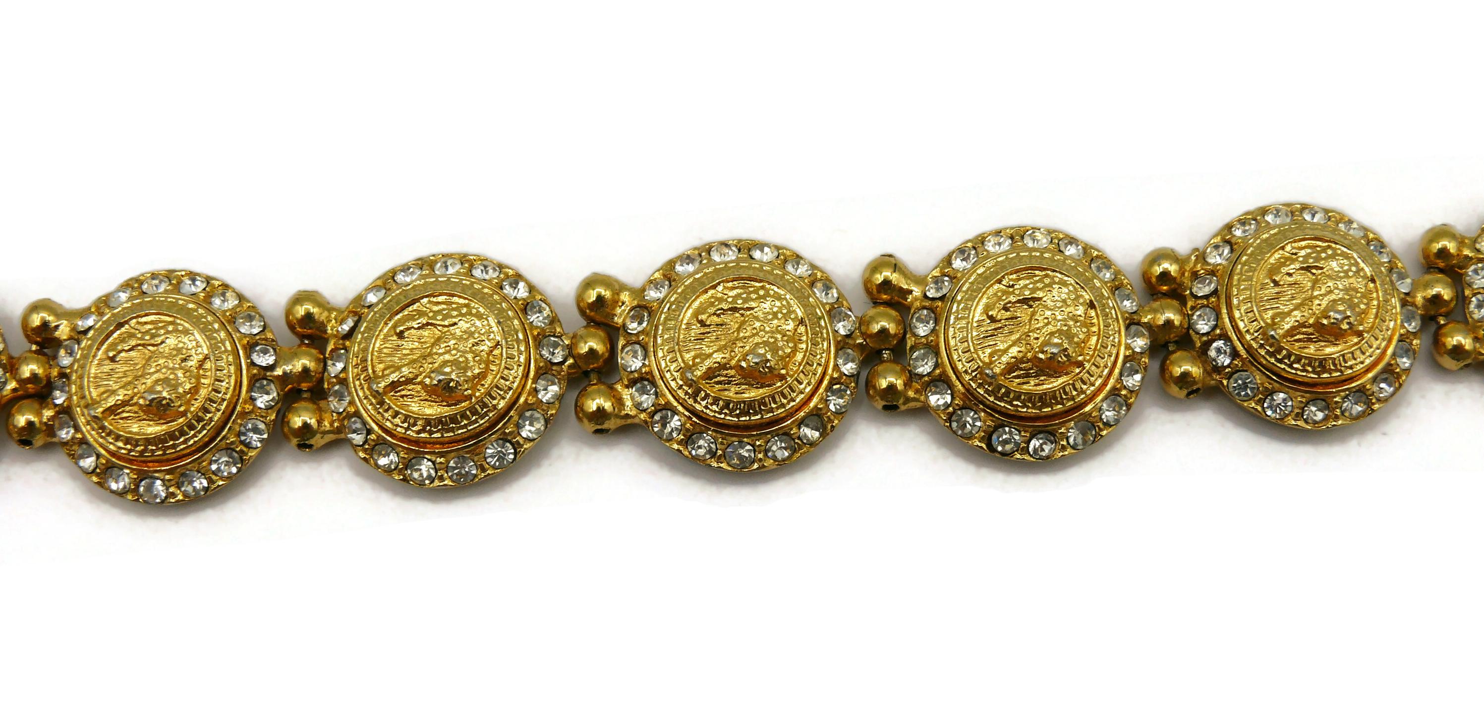 VERSUS by VERSACE Vintage Jewelled Gold Tone Feline Link Bracelet For Sale 5