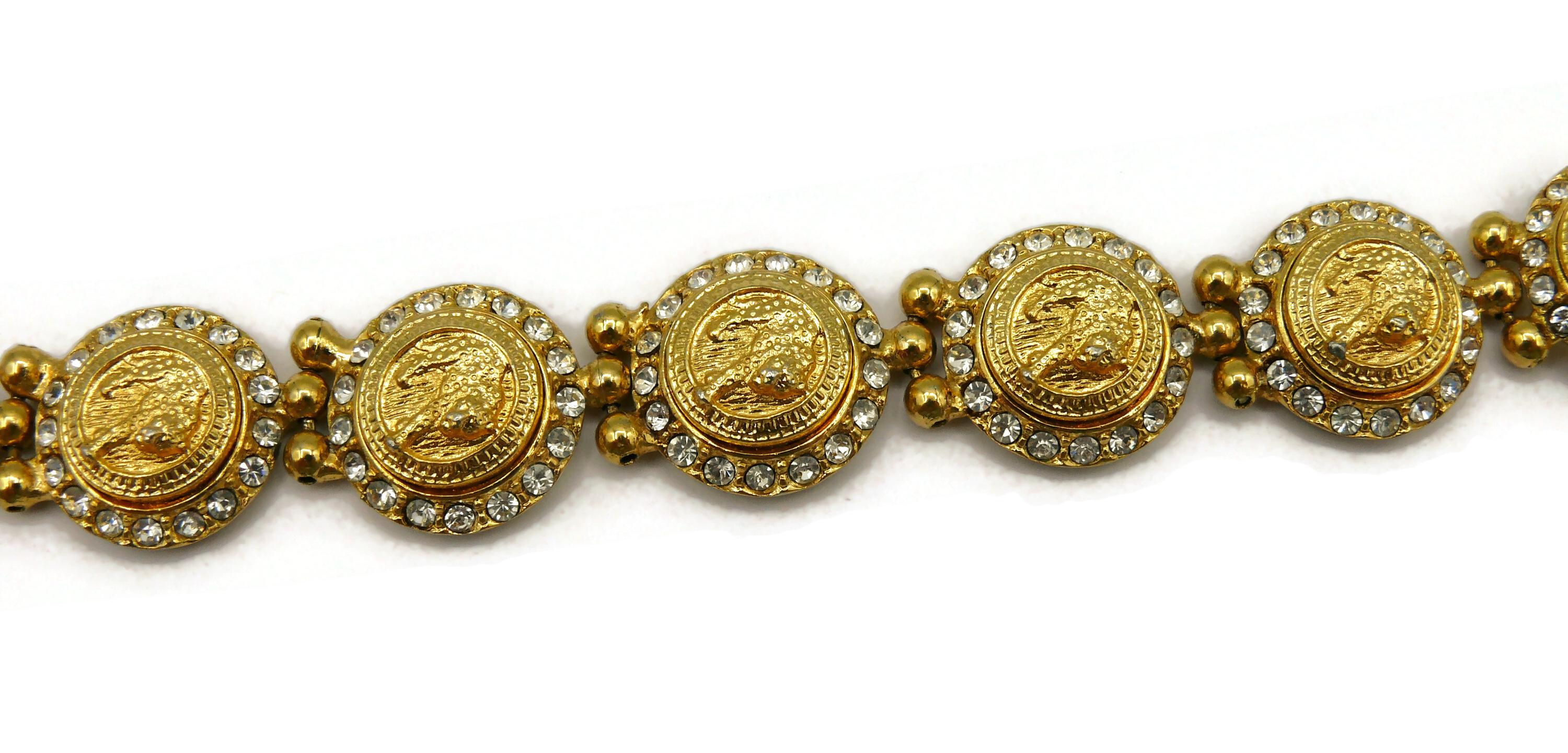 VERSUS by VERSACE Vintage Jewelled Gold Tone Feline Link Bracelet For Sale 6