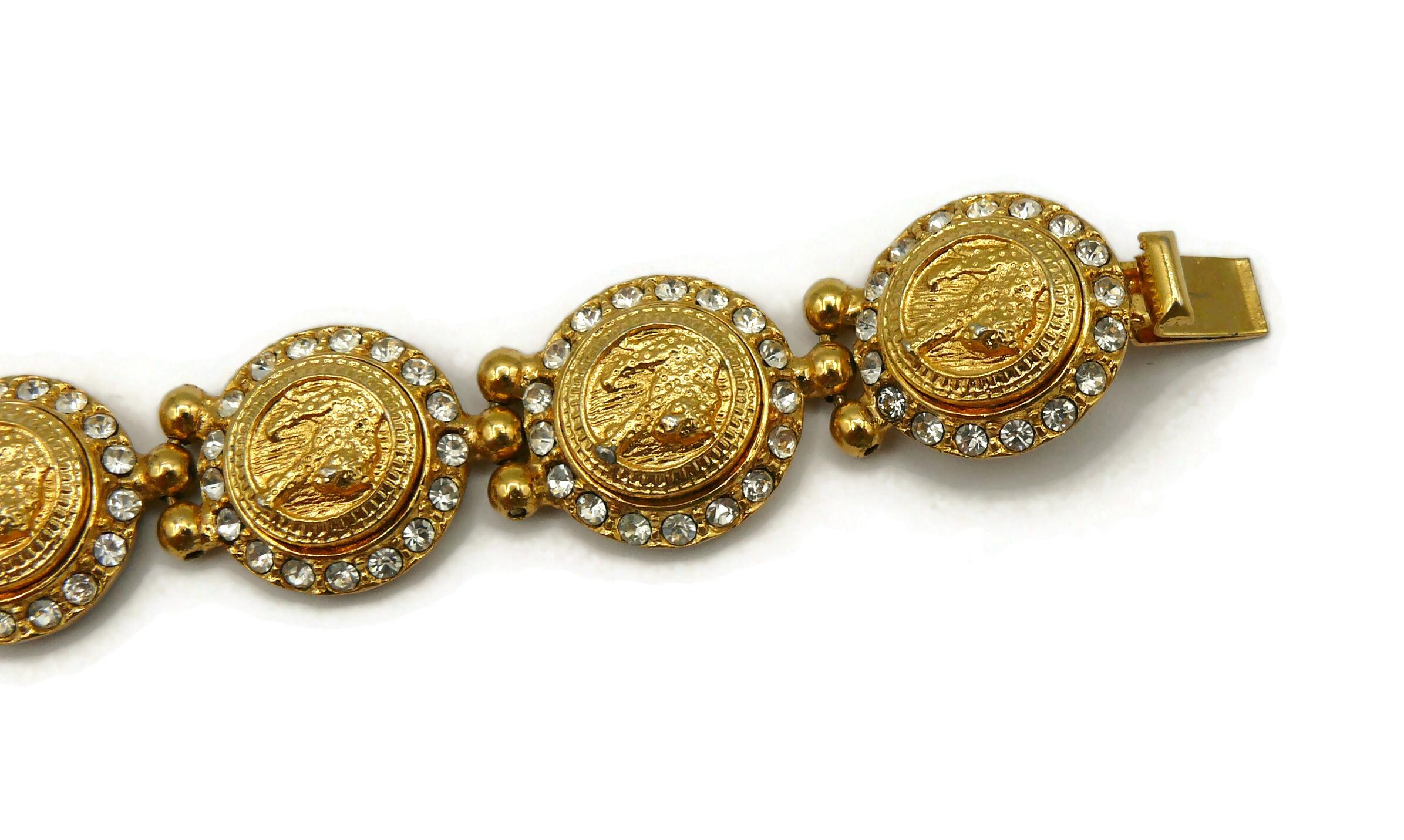 VERSUS by VERSACE Vintage Jewelled Gold Tone Feline Link Bracelet For Sale 7