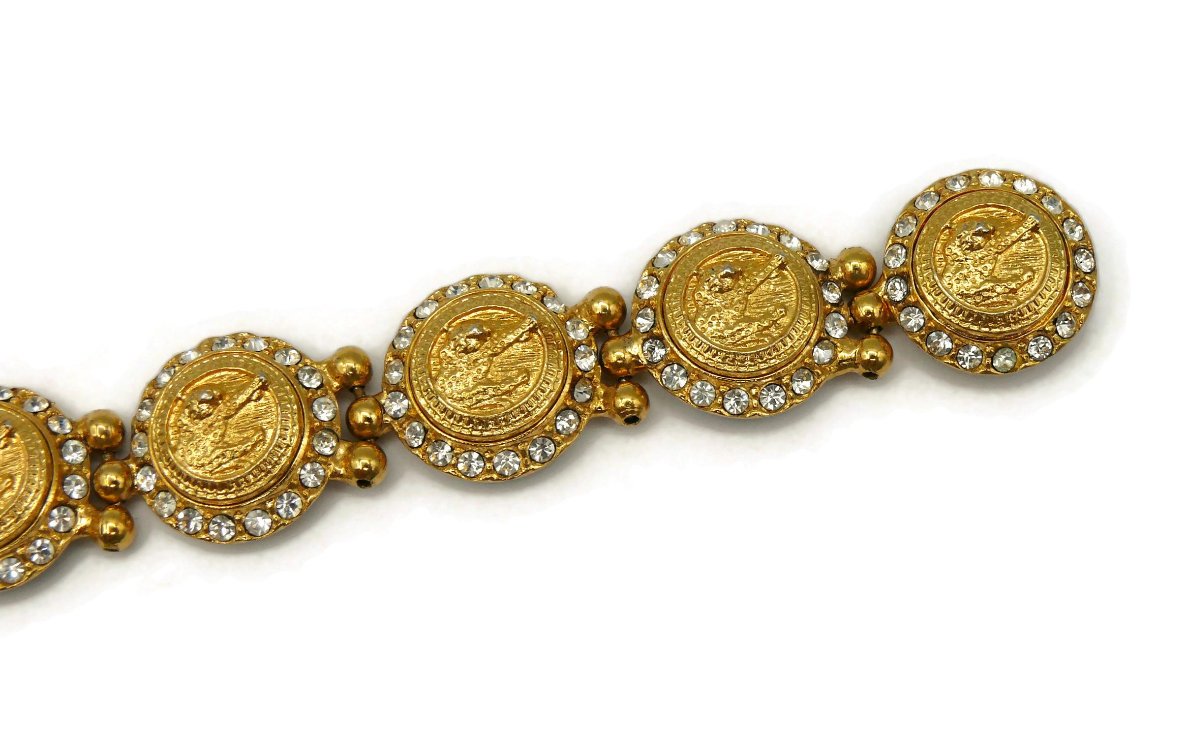 VERSUS by VERSACE Vintage Jewelled Gold Tone Feline Link Bracelet For Sale 2