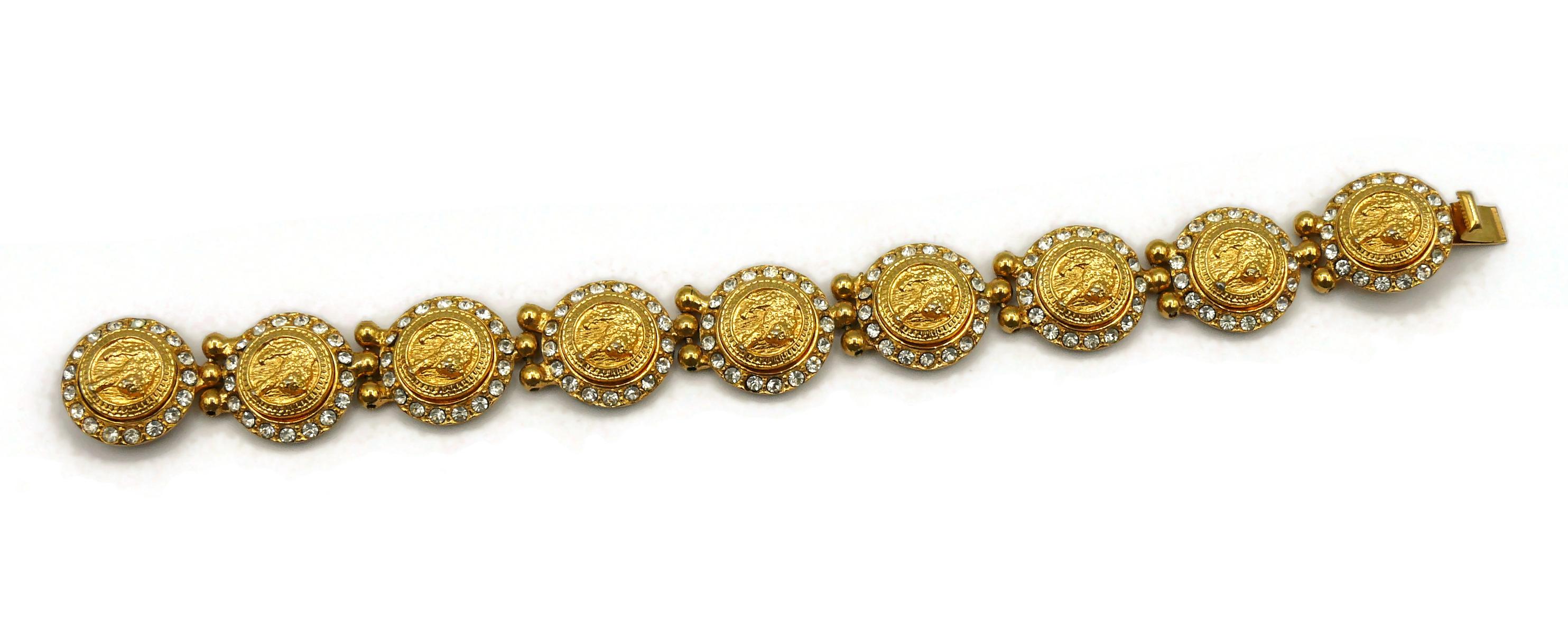 VERSUS by VERSACE Vintage Jewelled Gold Tone Feline Link Bracelet For Sale 3