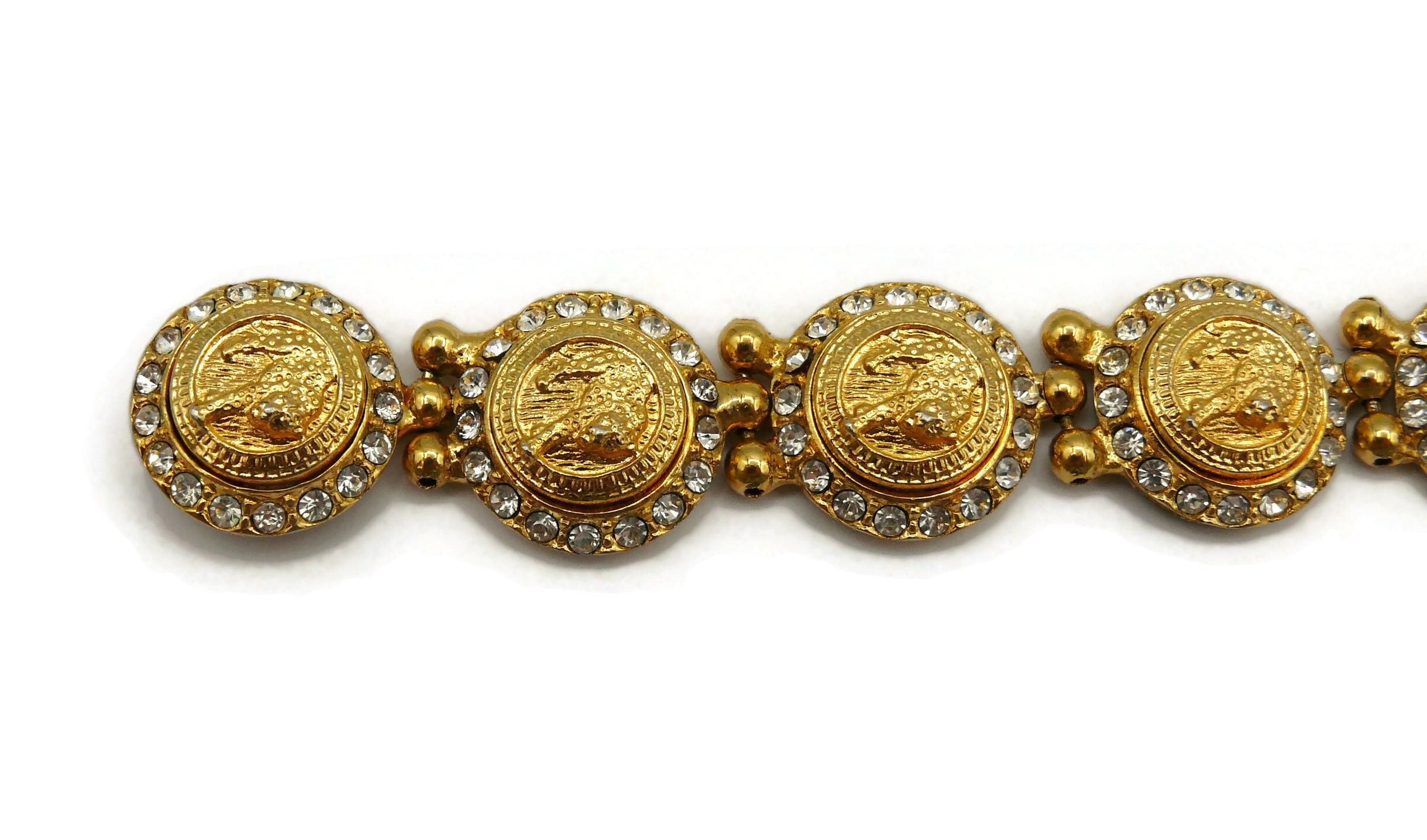 VERSUS by VERSACE Vintage Jewelled Gold Tone Feline Link Bracelet For Sale 4