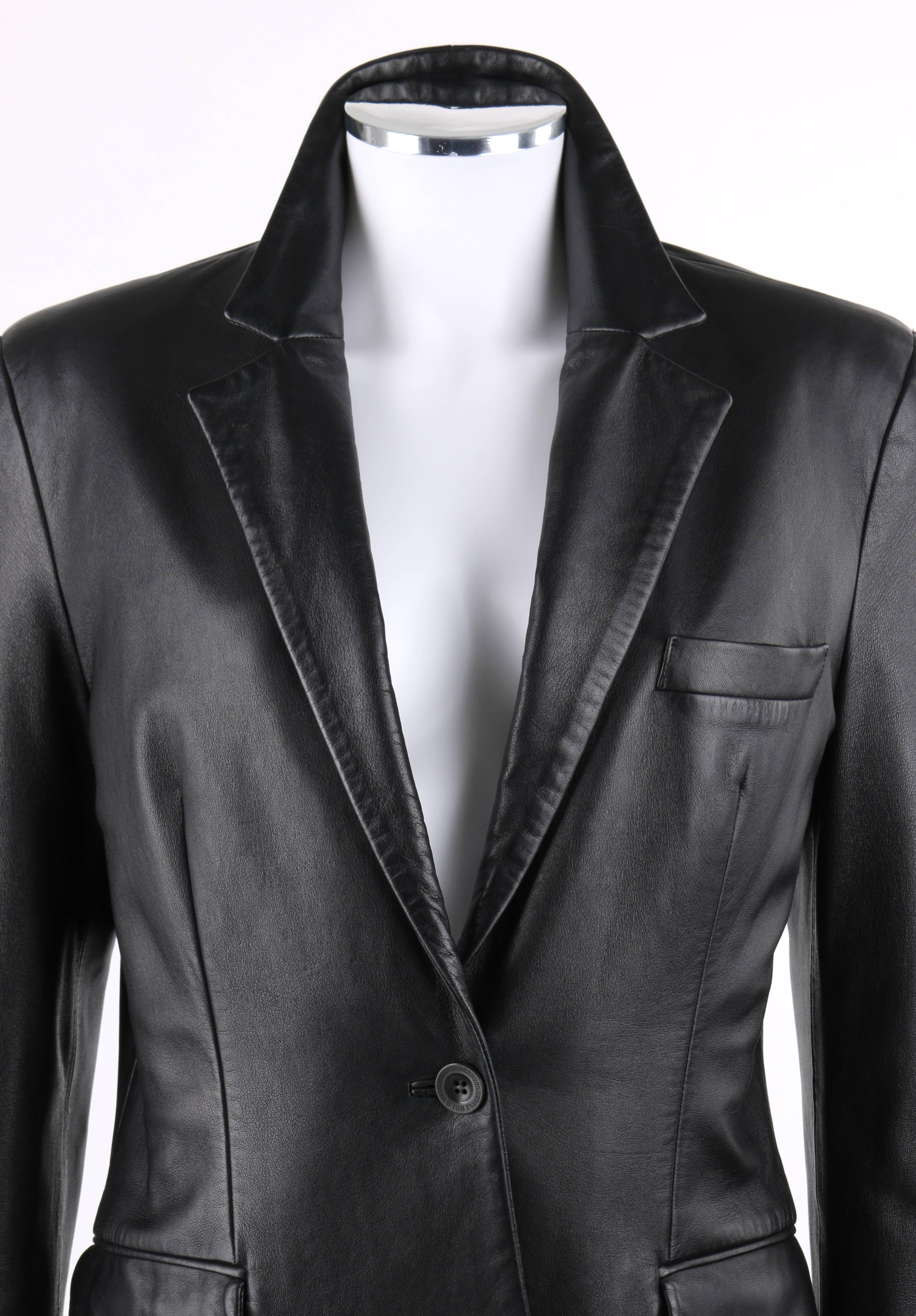 Versus by Gianni Versace c.1990's black leather single button blazer. Notched lapel collar. Long sleeves with single button closure at cuff. Center front single button closure. Black 