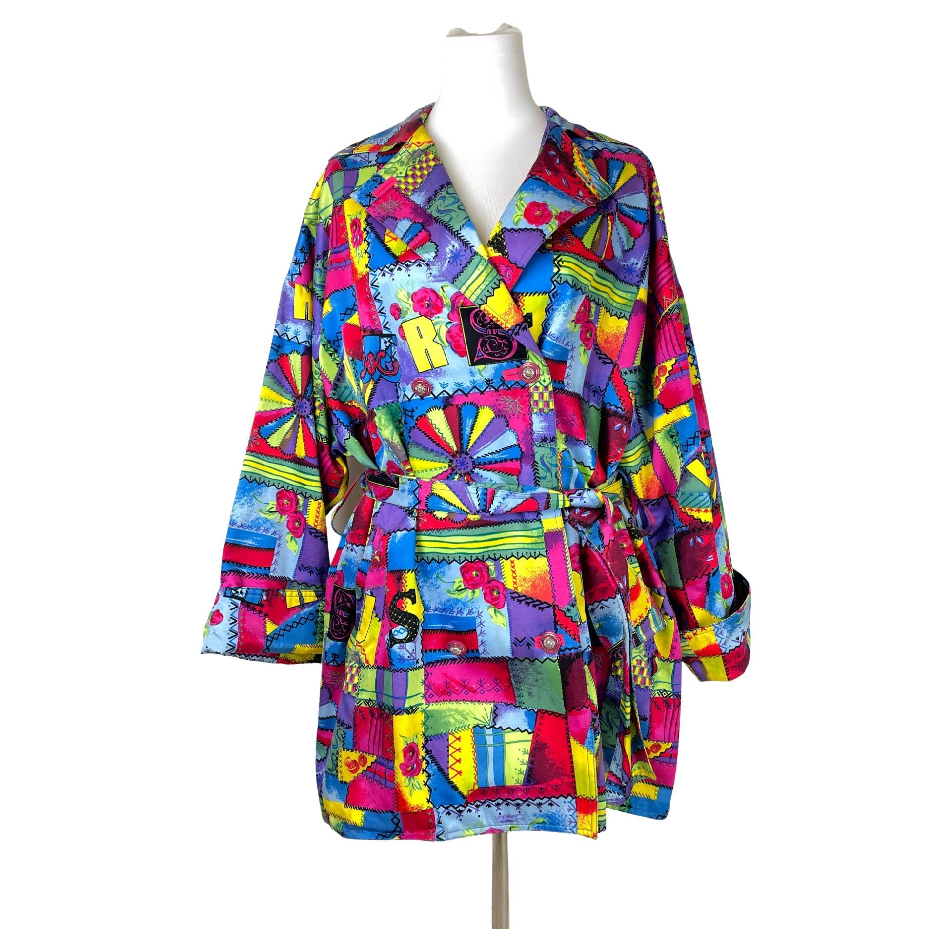 Versus Gianni Versace Multicolor Printed Trench 1990s For Sale