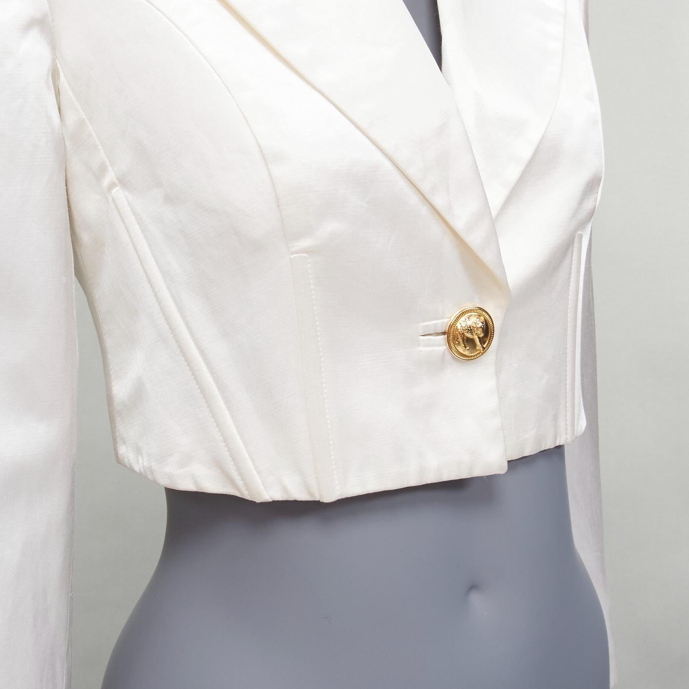 Gray VERSUS GIANNI VERSACE pearl satin lattice lace back cropped blazer jacket IT42 M For Sale