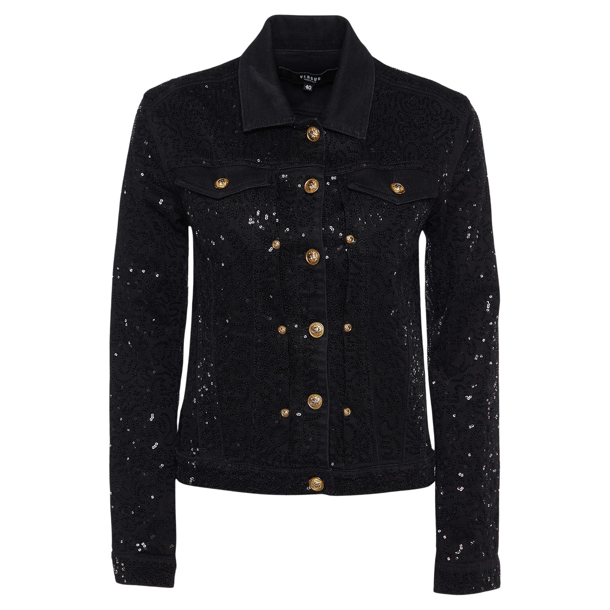 Versus Versace Black Denim Sequined Jacket S For Sale