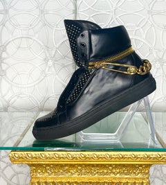 VERSUS VERSACE BLACK HIGH-TOP SNEAKERS w/ GOLD-TONE LION DETAILS Sz 39 - 6