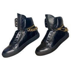 VERSUS VERSACE BLACK HIGH-TOP SNEAKERS w/ GOLD-TONE LION DETAILS Sz 39 - 6