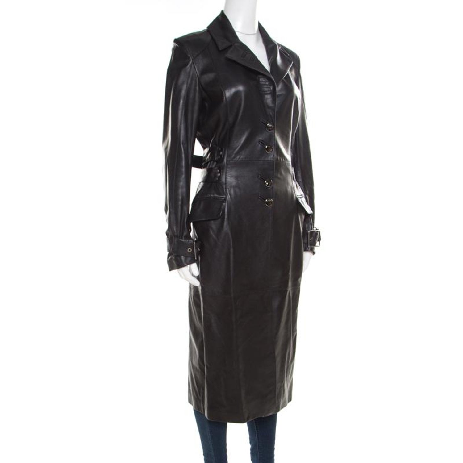 Versus Versace Black Leather Belted Back Detail Overcoat S For Sale at  1stDibs